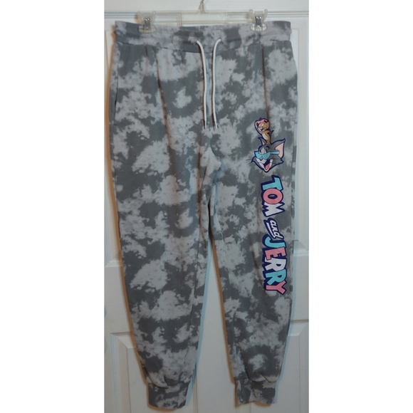 Tom And Jerry Grey White Tie Dye Jogger Sweatpants Cartoon 90s Loungewear Size L - Picture 1 of 13